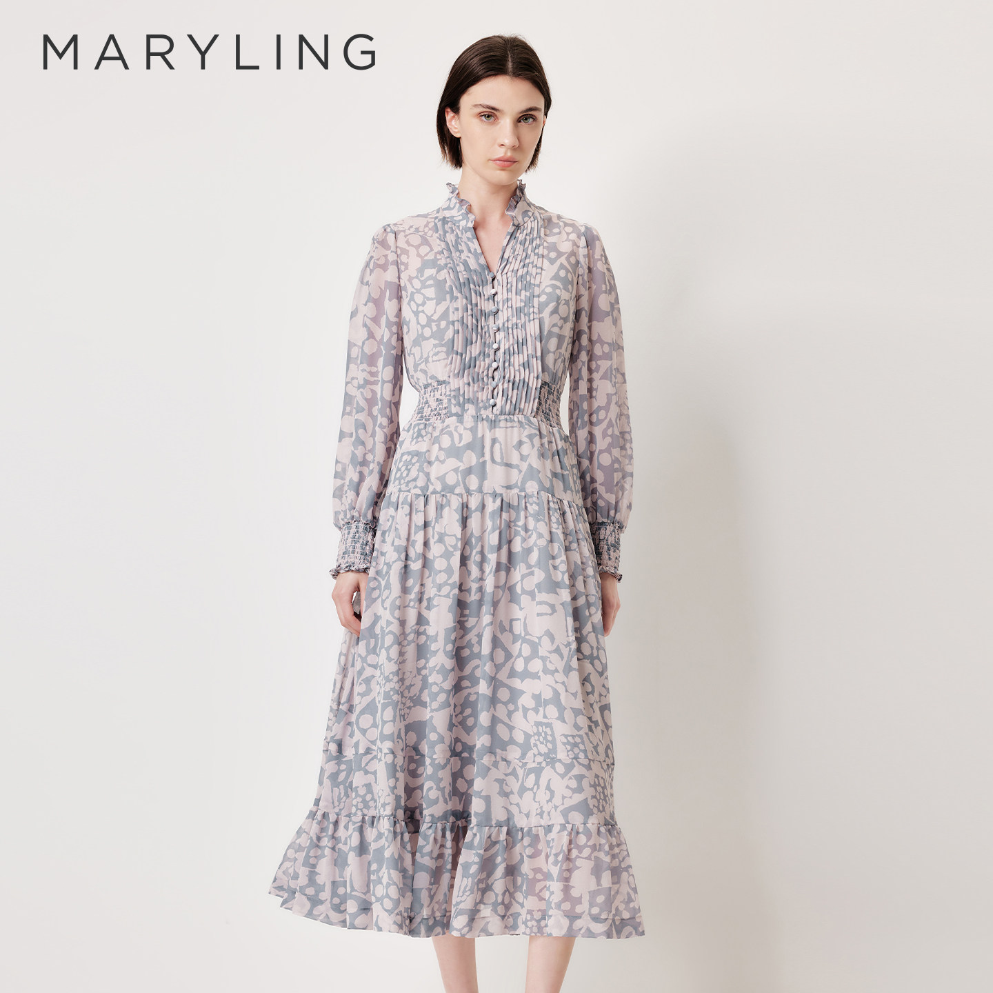 MARYLING玛俪琳2026初夏新品灰粉圆点立领风琴褶连衣裙A1GCW61970