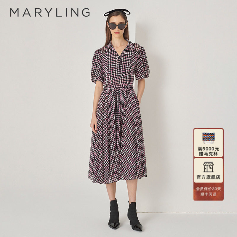 MARYLING玛俪琳初秋新品红莓果色千鸟格衬衫连衣裙A1DFW61610