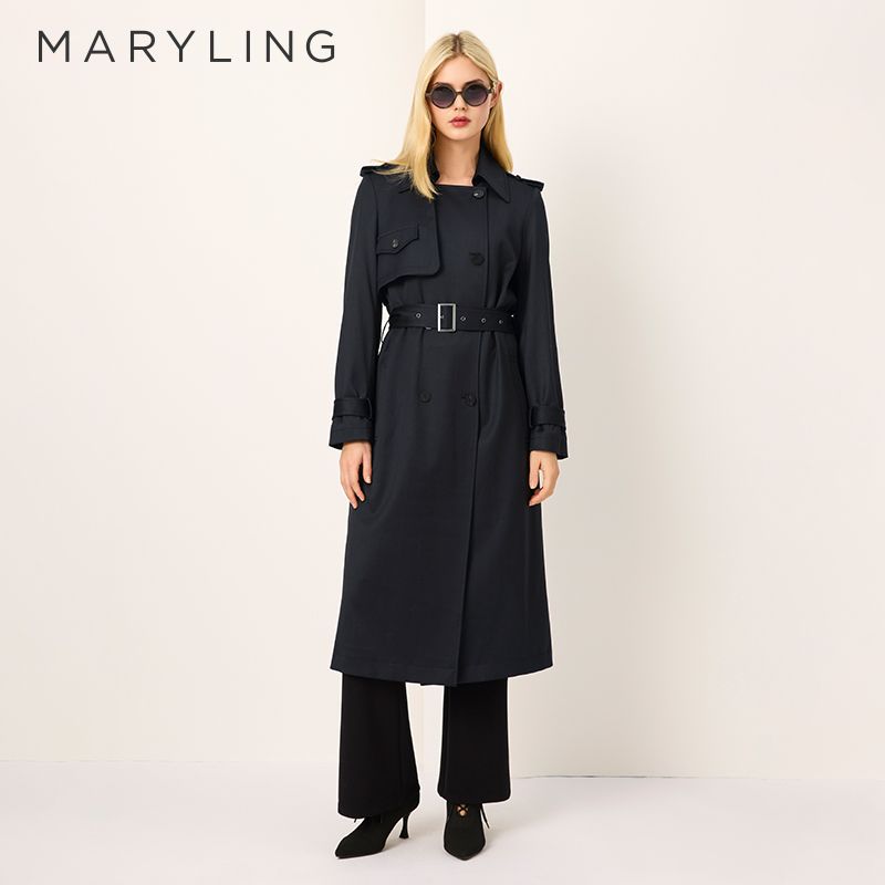 MARYLING深蓝色双排扣风衣外套