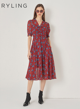 MARYLING玛俪琳秋季新品红色花海V领收腰碎花连衣裙A1DFW62450