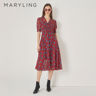 MARYLING玛俪琳秋季 红色花海V领收腰碎花连衣裙A1DFW62450 新品
