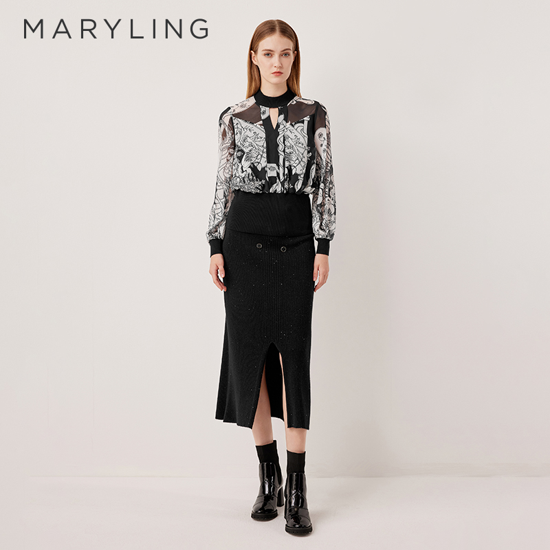 MARYLING复古双排扣高腰针织半裙