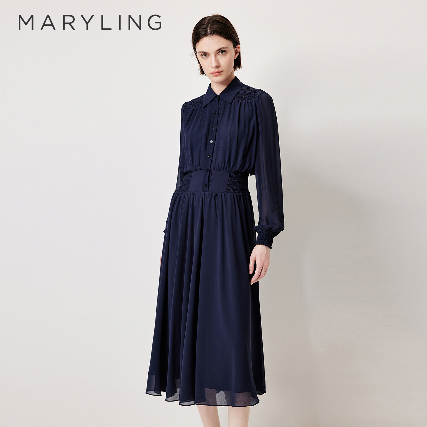 MARYLING玛俪琳2026春夏新品午夜蓝翻领收腰衬衫连衣裙A1GAW61480