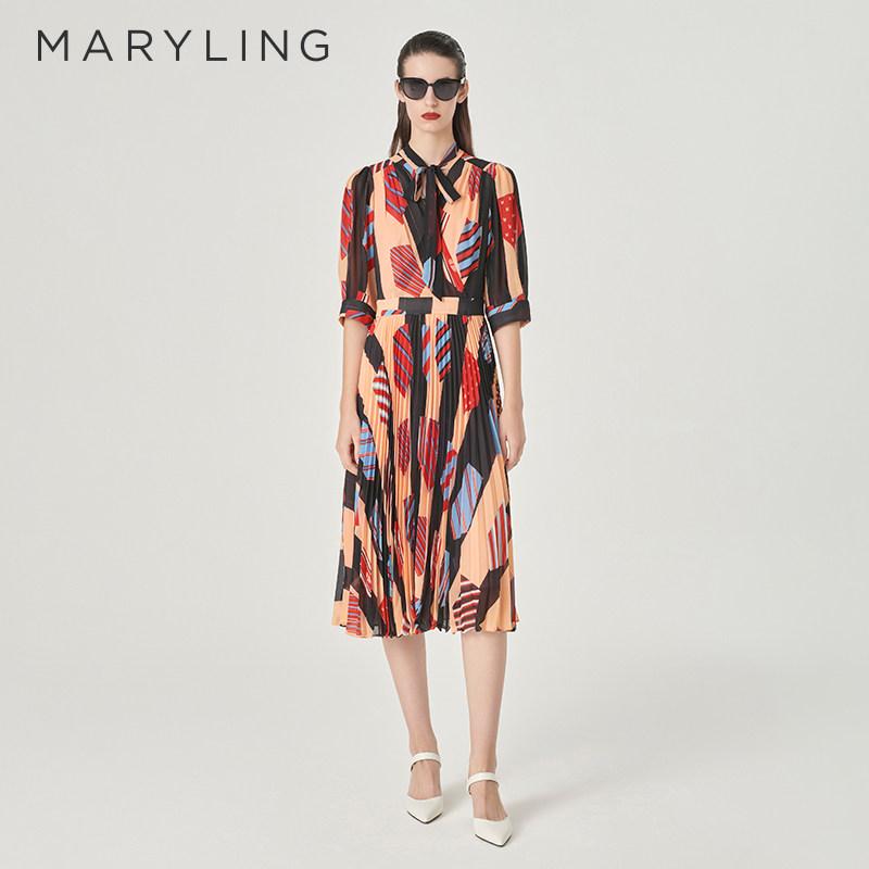 【趣味领带】MARYLING玛俪琳夏新品V领印花连衣裙A1ECW