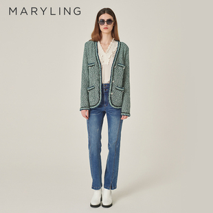 MARYLING玛俪琳24秋新品 A1EGW09180 香草绿粗花呢肌理V领针织开衫