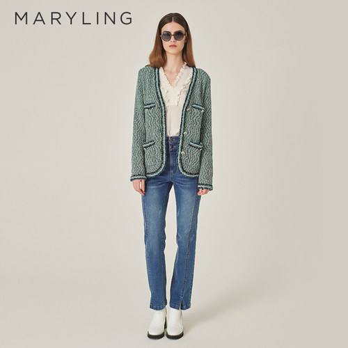MARYLING香草绿粗花呢针织开衫