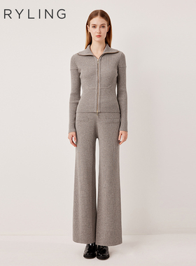 MARYLING玛俪琳2025冬季新品燕麦色弹力螺纹针织阔腿裤A1FHW06530