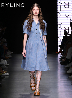 MARYLING玛俪琳24春季丹宁蓝字母牛仔V领短袖连衣裙A1DBW62750