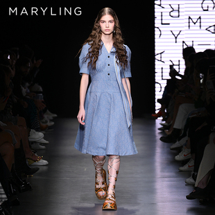 MARYLING玛俪琳24春季 连衣裙A1DBW62750 丹宁蓝字母牛仔V领短袖