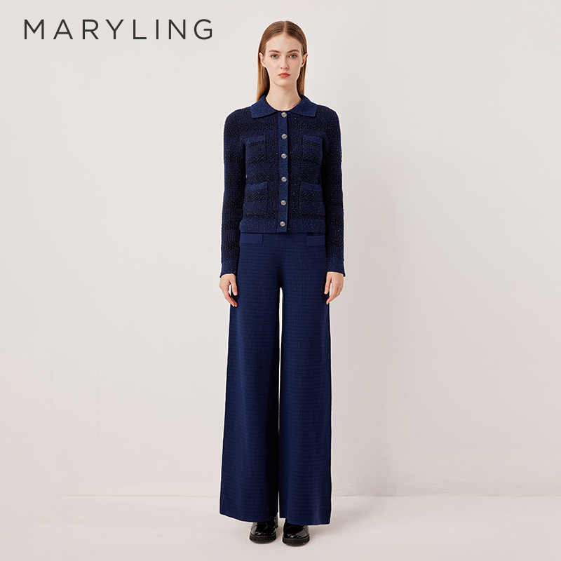 MARYLING蓝色亮丝翻领针织开衫