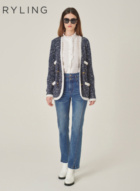 MARYLING玛俪琳秋季新品粗花呢肌理V领针织开衫A1EGW09380