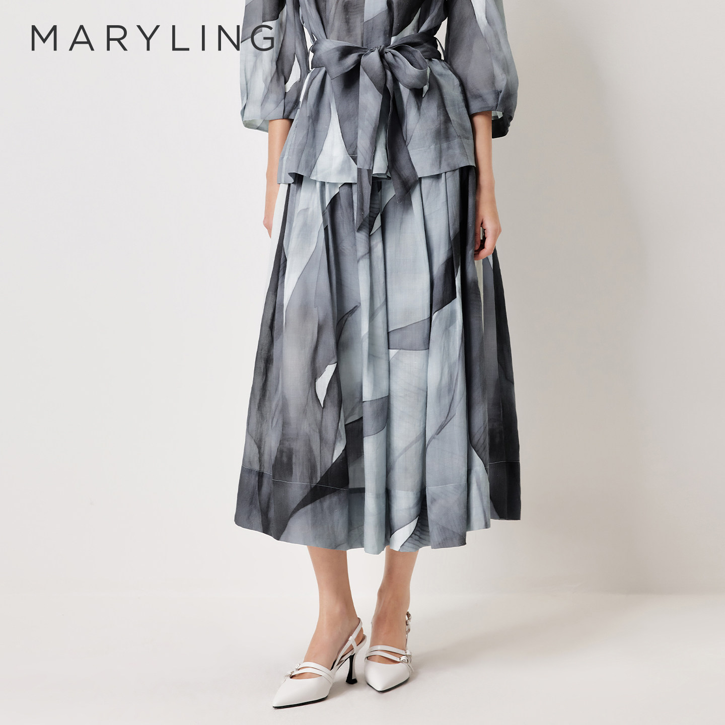 MARYLING玛俪琳2026夏新品雨灰天堂鸟水墨印花A字半裙A1GCW72490