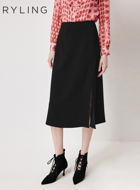 MARYLING玛俪琳2026春夏新品黑色缎面光泽鱼尾开衩半裙A1GAW72020