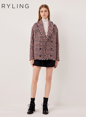 MARYLING玛俪琳2025冬季新品粗纺花纱格纹翻领短款大衣A1FIW93480