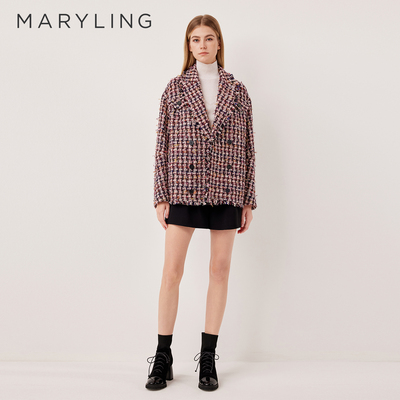 MARYLING玛俪琳2025冬季新品粗纺花纱格纹翻领短款大衣A1FIW93480