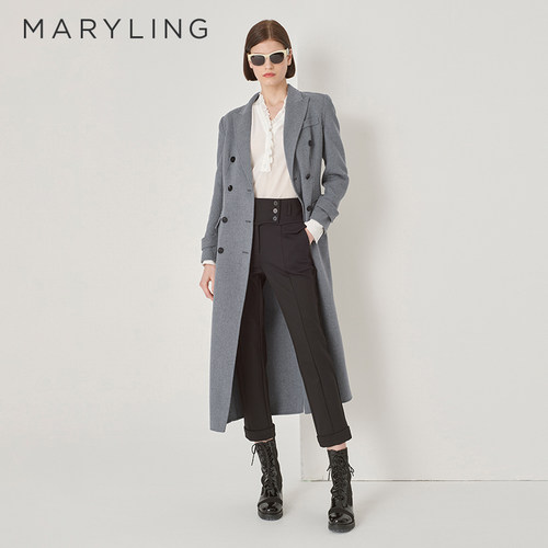MARYLING灰色双排扣长款大衣