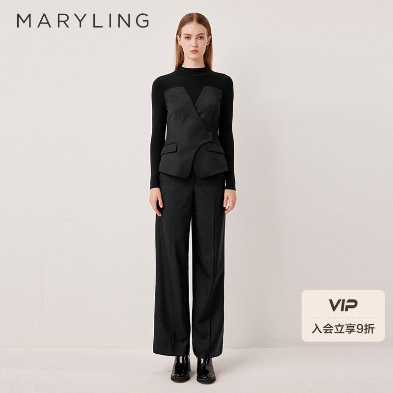 MARYLING玛俪琳2025秋季新品黑色半高领西装式抹胸上衣A