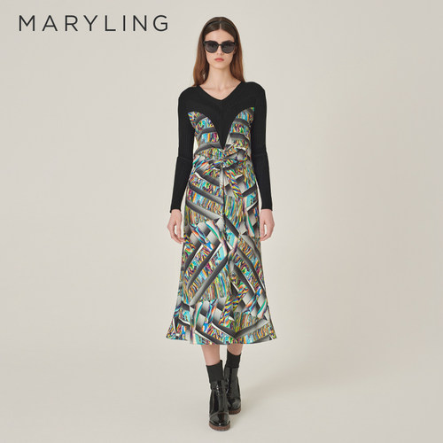 MARYLINGV领羊毛拼接印花连衣裙