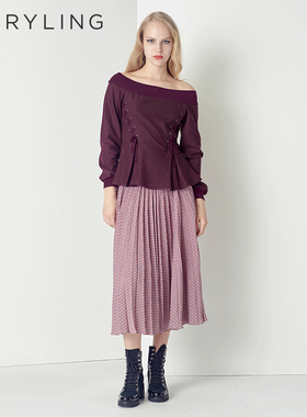 MARYLING玛俪琳2022秋季酒红一字露肩性感羊毛针织上衣A1CGW26500