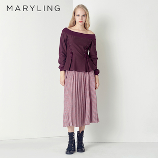 MARYLING玛俪琳2022秋季 酒红一字露肩性感羊毛针织上衣A1CGW26500