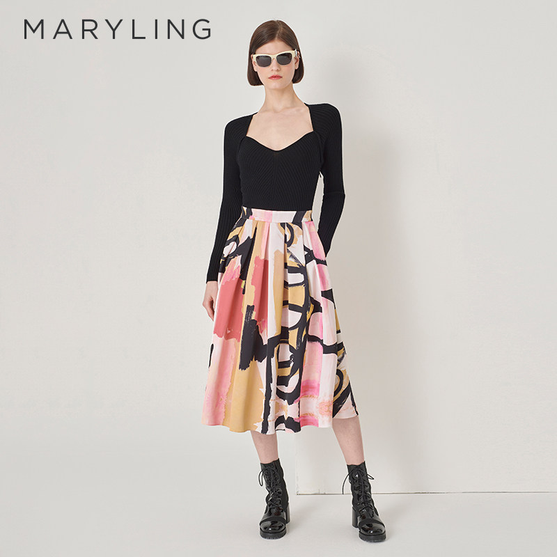 MARYLING玛俪琳秋冬新品粉色涂鸦中长裙中袖针梭拼接印花连衣