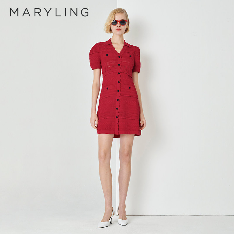 MARYLING玛俪琳初秋新品翻领红色小香风优雅针织连衣裙A1DCW04890