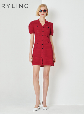 MARYLING玛俪琳初秋新品翻领红色小香风优雅针织连衣裙A1DCW04890