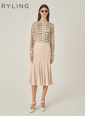 MARYLING玛俪琳秋季新品粉杏色小立领荷叶边印花上衣A1EFW20020