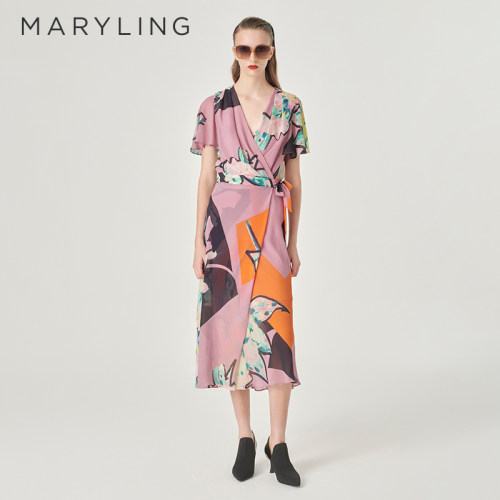 MARYLING深V领印花连衣裙
