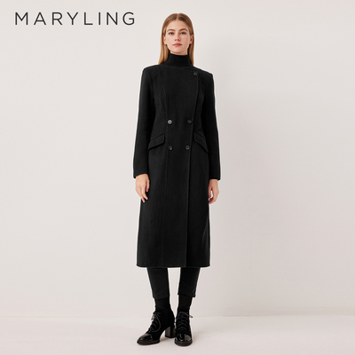 MARYLING玛俪琳2025冬季新品百搭黑色圆领复古长款大衣A1FHW93280