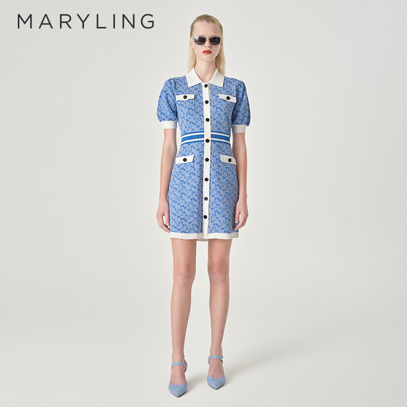 MARYLING玛俪琳春季新品丹宁蓝T恤领针织连衣裙A1EBW0