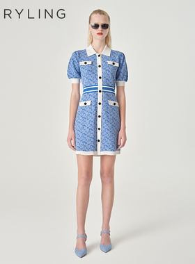 MARYLING玛俪琳春季新品丹宁蓝T恤领针织连衣裙A1EBW04780