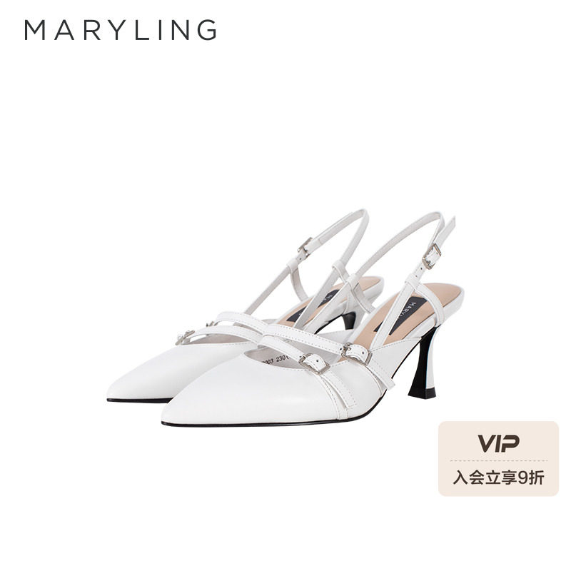 MARYLING玛俪琳2025春季新品白色中跟细带优雅凉鞋A8F