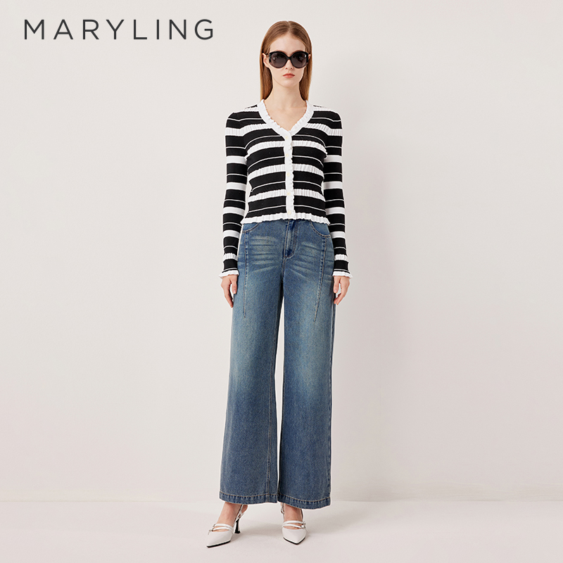 MARYLING黑白条纹撞色针织开衫