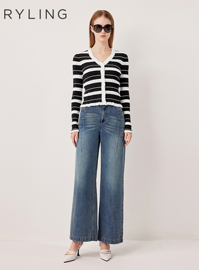 MARYLING玛俪琳2025秋季新品黑白撞色条纹V领针织开衫A1FFW08090