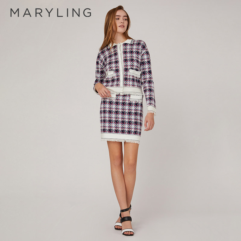 MARYLING玛俪琳2023春秋千鸟格提花短裙直筒包臀半身裙A1CAW05510