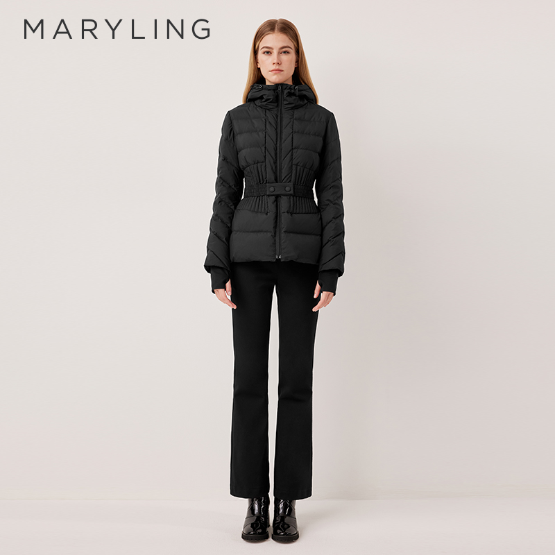 MARYLING玛俪琳2025冬季新品连帽拼接设计感收腰羽绒服A1FHW96150