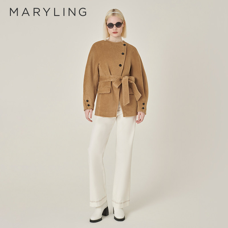 MARYLING玛俪琳冬季新品驼色圆领排扣羊驼毛外套A1EHW9