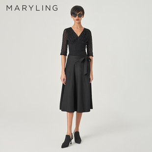 MARYLING玛俪琳夏季 黑色提花V领上衣A1ECW28210 新品