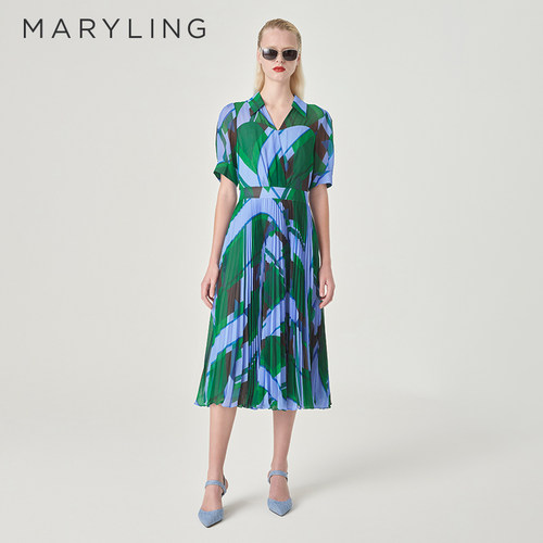 MARYLING印花下摆压褶连衣裙