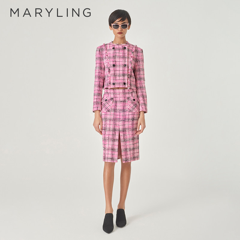 MARYLING玛俪琳芭蕾西装初春新品粉黑格纹粗花呢短夹克A1EAW14060