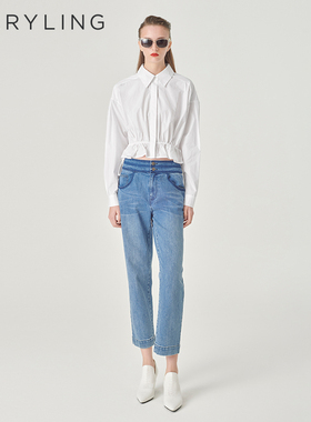 MARYLING玛俪琳夏季新品白色拉绳细节褶皱下摆衬衫A1ECW20620