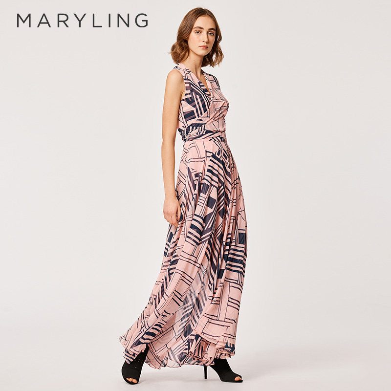 MARYLING玛俪琳夏季民族图腾印花连衣裙V领无袖长裙A1BD61690