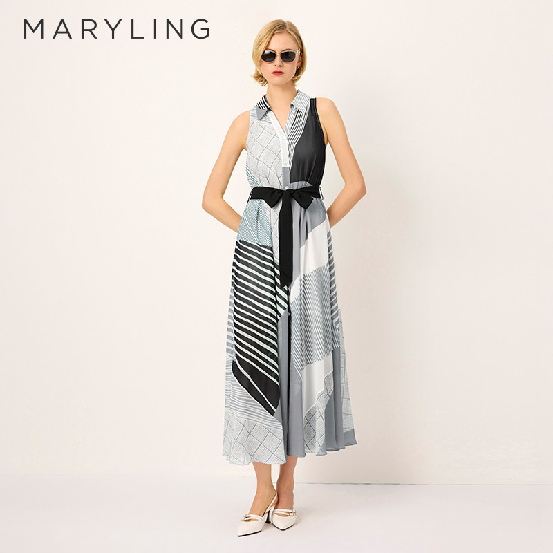 MARYLING玛俪琳2025夏黑白艺术画条纹无袖衬衫领连衣裙A