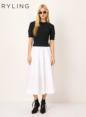 MARYLING玛俪琳2025夏黑色圆领短款泡泡袖针织套头衫A1FCW03100