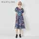 MARYLING玛俪琳春夏季 印花连衣裙A1DBW61670 桑蚕丝V领泡泡袖