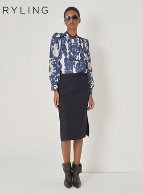 MARYLING玛俪琳初秋新品蓝白砂砾小立领拼接花边上衣A1DFW20080