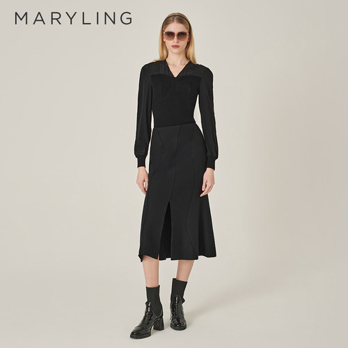 MARYLING黑色V领针梭上衣