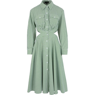 MARYLING玛俪琳春新品绿色条纹腰镂空衬衣式连衣裙A1EBW62990