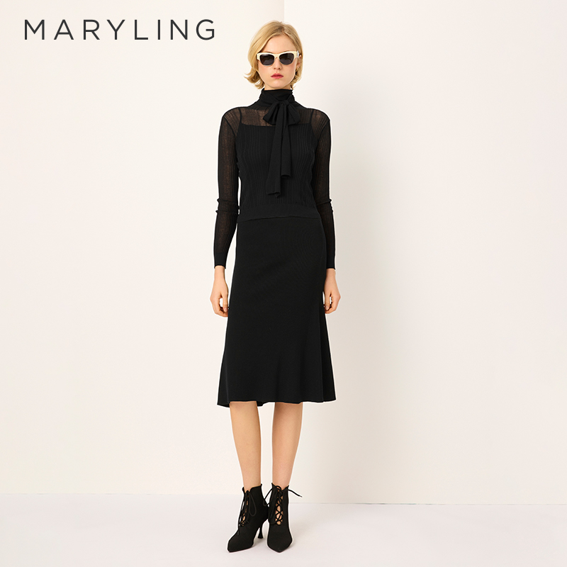 MARYLING黑色微喇针织鱼尾半裙